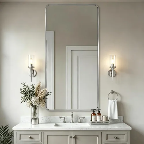 Vista 74 de Espejo de latón para baño, espejo rectangular redondeado de 22x30 pulgadas con marco de metal cepillado dorado, espejo de tocador de baño sin