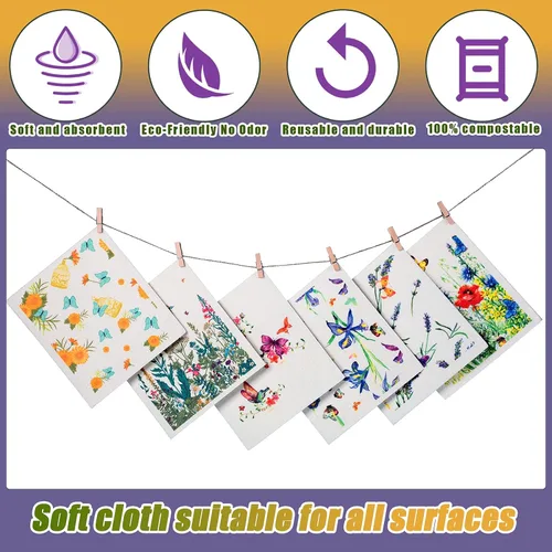 Vista 4 de Geiserailie 6 paños de cocina suecos con mariposas, flores silvestres, paños de cocina reutilizables, esponjas, absorbentes, de secado rápido