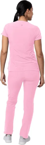 Vista 2 de Adar Addition Go-Basic - Conjunto de uniforme quirúrgico para mujer con blusa de cuello en V y pantalones cargo ajustados Rosa suave