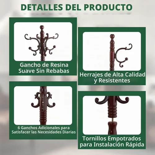 Vista 2 de OIRUMIE Perchero de pie de madera, perchero de madera vintage de pie con base triangular resistente, percheros clásicos con 14 ganchos, soporte