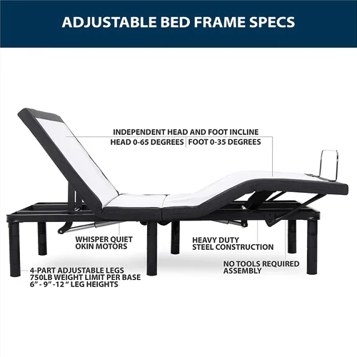 Vista 2 de Blissful Nights e3 Base de cama ajustable individual XL con cabezal remoto inalámbrico e inclinación del pie y no requiere herramientas de montaje