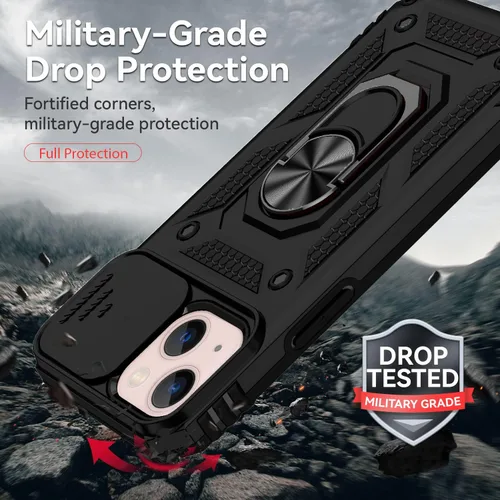 Vista 5 de Funda compatible con iPhone 13 de 6.1 pulgadas, funda magnética con funda para cámara y soporte, grado militar, a prueba de golpes, material de PC