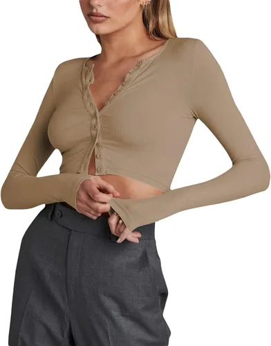 Vista 4 de Camiseta sexy de manga larga con botones para mujer, estilo Henley, talla Y2K 90, E-Girl Streetwear
