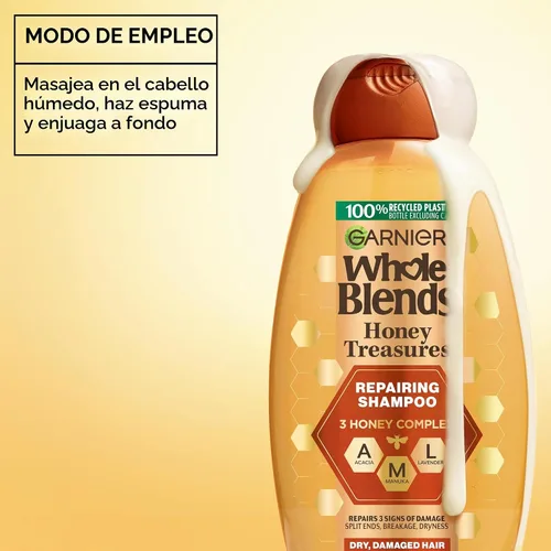Vista 6 de Garnier Whole Blends Honey Treasures Champú reparador, para cabello seco y dañado, 22 onzas líquidas, 2 unidades (el embalaje puede variar)