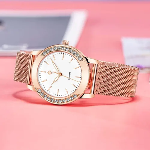 Vista 3 de Relojes de moda para mujer, reloj de pulsera de malla de acero inoxidable de oro rosa, elegante, regalo para mujer, reloj de pulsera impermeable