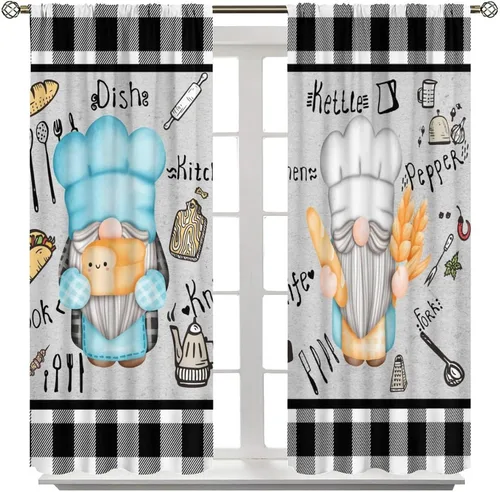 Vista 3 de Cortinas de chef para ventana, juego de 2 paneles para dormitorio y sala de estar, 42 x 45 pulgadas, a cuadros, cortinas temáticas de cocina