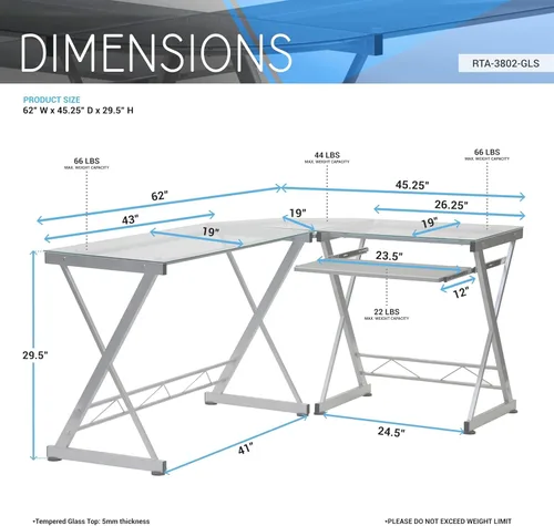 Vista 3 de Scranton & Co Escritorio moderno para computadora en forma de L, vidrio y acero, acabado transparente, 29.5 pulgadas de alto x 61.75 pulgadas