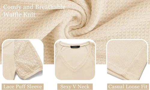 Vista 5 de MEROKEETY - Blusa de manga corta con cuello en V y encaje de verano para mujer