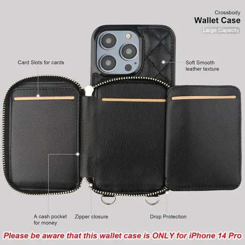 Vista 7 de Bocasal Funda tipo cartera cruzada para iPhone 14 Pro, con bloqueo RFID, de piel sintética, con cremallera, funda tipo cartera con función atril
