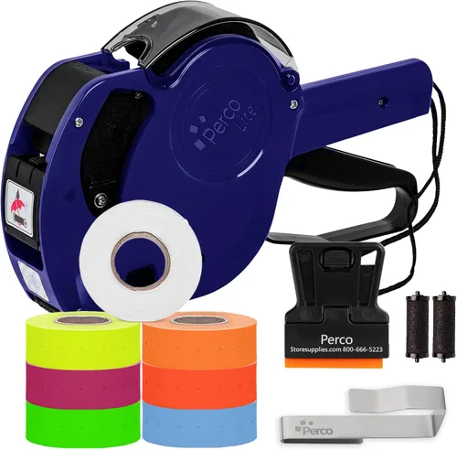 Vista 11 de Perco Lite - Pistola de precio de 1 línea con etiquetas, el kit incluye 3 rollos blancos, 3 rollos azules, 2 rodillos de tinta, 1 rollo de tinta