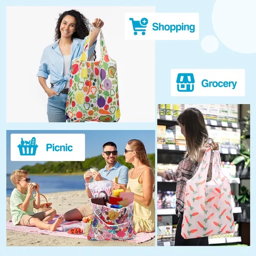 Vista 7 de Paterr Paquete de 50 bolsas de comestibles reutilizables plegables, bolsas de compras lavables a granel con bolsa de transporte para comestibles