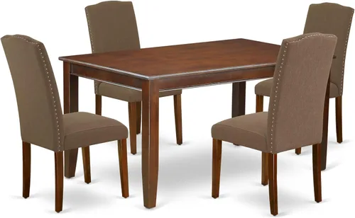 Vista 15 de East West Furniture DUEN5-MAH-66 - Juego de mesa de comedor de 5 piezas para 4 personas, incluye una mesa de cocina rectangular y 4 sillas