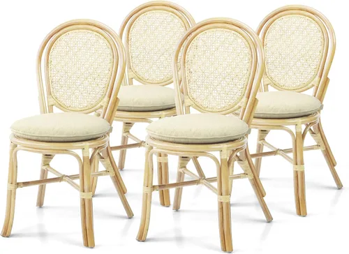 Vista 15 de Denver Dining - Silla auxiliar de mimbre hecha a mano con cojín color crema, ratán natural, colonial