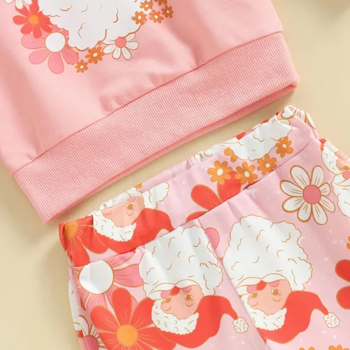 Vista 4 de Traje de Navidad para bebé niña con estampado de Papá Noel, camisas de cuello redondo, sudadera con estampado de flores de Papá Noel