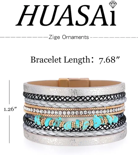 Vista 7 de HUASAI Pulsera bohemia de piel sintética para mujer, joyería de turquesa occidental multicapa
