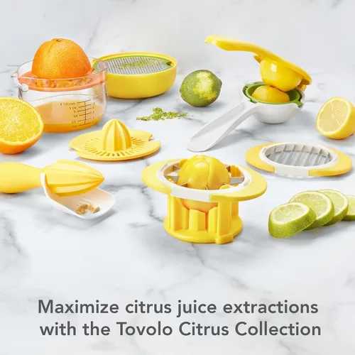 Vista 5 de Tovolo Juego de exprimidor de cítricos y rallador todo en uno, blanco y amarillo – Exprimidor manual con taza de medición, dos recolectores, libre