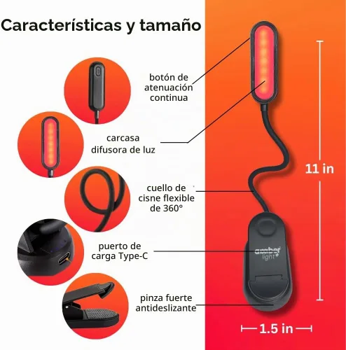 Vista 3 de Luz de lectura ámbar + luz roja. Luz de libro con bloqueo de luz azul para regalar para leer en la cama