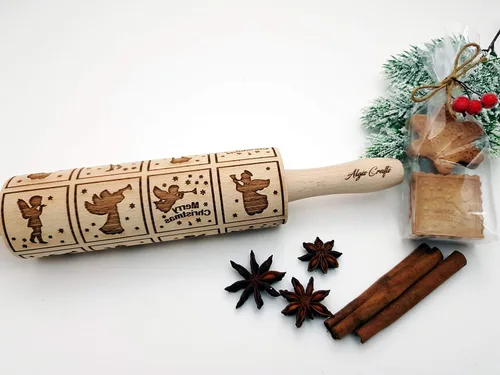 Vista 4 de Rodillo de amasar con relieve de ángeles navideños FELIZ NAVIDAD para decorar galletas de jengibre navideñas