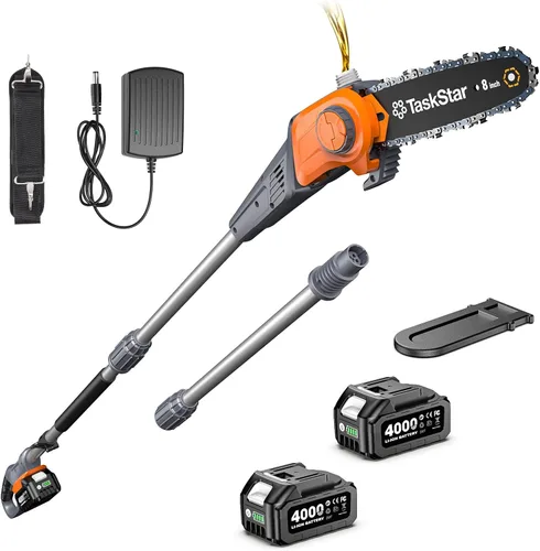 Vista 11 de TaskStar Sierra de poste 2 en 1 para recorte de árboles, motosierra mini inalámbrica de 8 pulgadas con poste extensible, motor sin escobillas, con 2