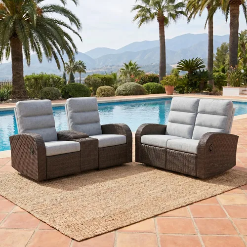 Vista 31 de LayinSun Sillón reclinable giratorio de mimbre de gran tamaño con respaldo ajustable y reposapiés, sillón reclinable para patio Gris