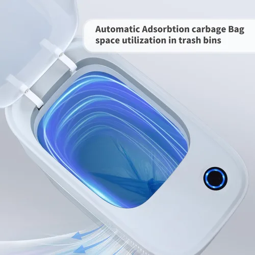 Vista 4 de JOYBOS Botes de basura pequeños para baño con tapas, cubo de basura automático de plástico blanco delgado de 3.8 galones, bote de basura estrecho