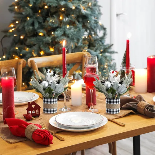 Vista 5 de 2 piezas de centro de mesa de Navidad a cuadros de búfalo árbol de mesa de Navidad, mini decoración artificial de mesa, centro de mesa pequeño