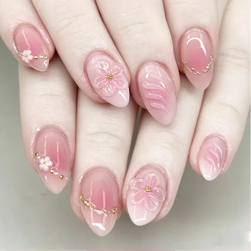 Vista 31 de Uñas postizas a presión medianas con diseño geométrico blanco almendra – 24 uñas postizas reutilizables de ABS brillante, fácil de aplicar, juego