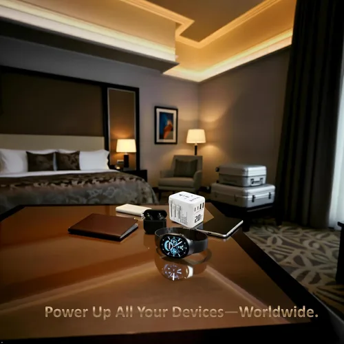 Vista 7 de Adaptador de viaje universal 5 en 1, adaptador de corriente internacional GaN de 20 W, 1 CA, 2 USB-C PD carga rápida y 2 USB-A QC, adaptador