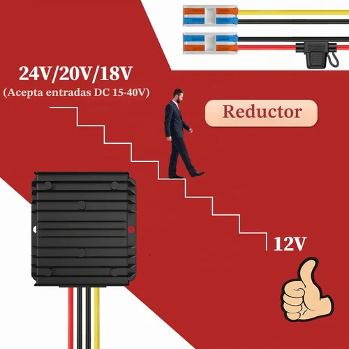 Vista 2 de Convertidor de 24 voltios a 12 voltios reductor con fusible impermeable y bloque de terminales de cable, transformador de 24 V a 12 V 10 A 120 W