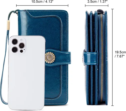 Vista 3 de INSIFEEL Billeteras para mujer de gran capacidad con protección RFID de cuero genuino, Azul marino