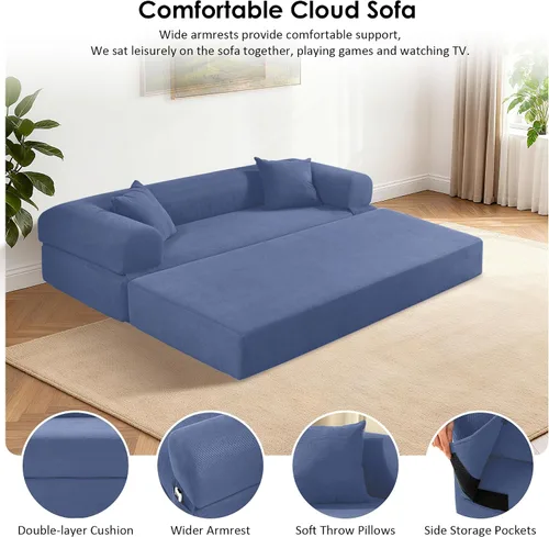 Vista 4 de Sofá cama convertible de 80 pulgadas, sofá cama plegable de pana 3 en 1 con almohadas, sofá moderno sin hueso, sofá de compresión en caja, sofá