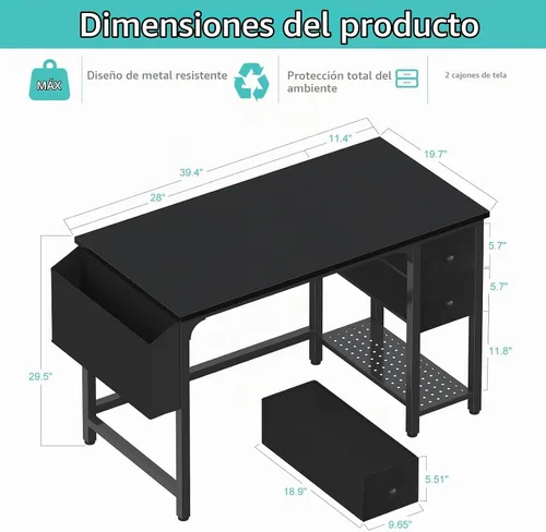 Vista 3 de Lufeiya Escritorio para computadora con cajones de tela, escritorio de juegos reversible de 40 pulgadas para espacios pequeños, oficina en casa