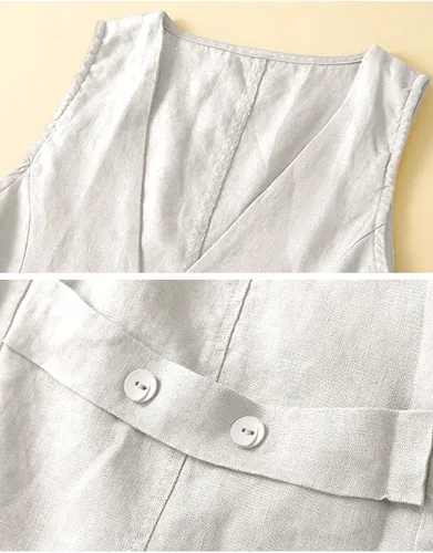 Vista 4 de IDEALSANXUN Chaleco de lino de algodón sin mangas para mujer, chaleco casual de verano, cuello en V, chaqueta de cárdigan