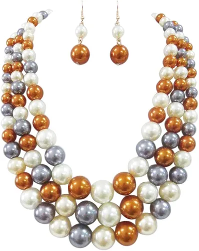 Vista 9 de Rosemarie & Jubalee Conjunto de joyería para mujer con 3 cadenas multicolores de perlas simuladas y aretes, regalo con collar, 45,7 cm + 7,6 cm