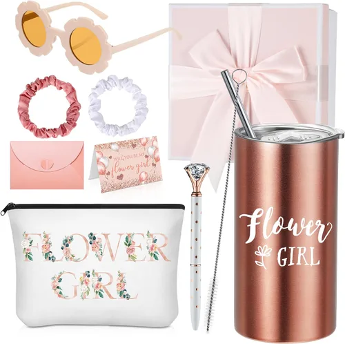 Vista 10 de Sieral Juego de 9 Piezas de Regalos de Propuesta para Niña de Flores, Vaso Personalizado para Niña de Flores con Pajita, Caja de Regalo para Novia