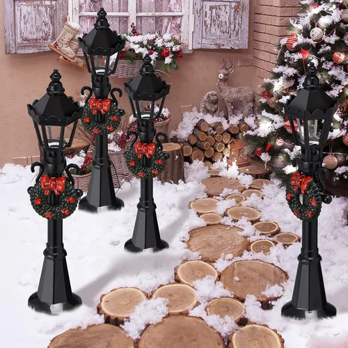Vista 6 de Honoson 4 piezas de aldea de Navidad mini lámpara de calle casa de muñecas