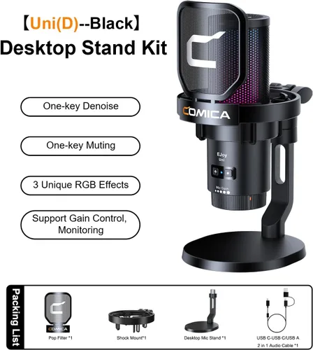 Vista 7 de COMICA Ejoy Uni(D) Micrófono USB para juegos con reducción de ruido, luces RGB 48kHz/24bit Sound Quality, Shock Mount, One-Key Mute, Streaming PC