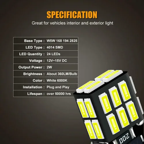 Vista 3 de 24-LEDs 360° Lighting T10 194 2825 Bombilla LED blanca 6000K 12V Super brillante 158 160 168 175 W5W 168NA 194NA Reemplazo para vehículo