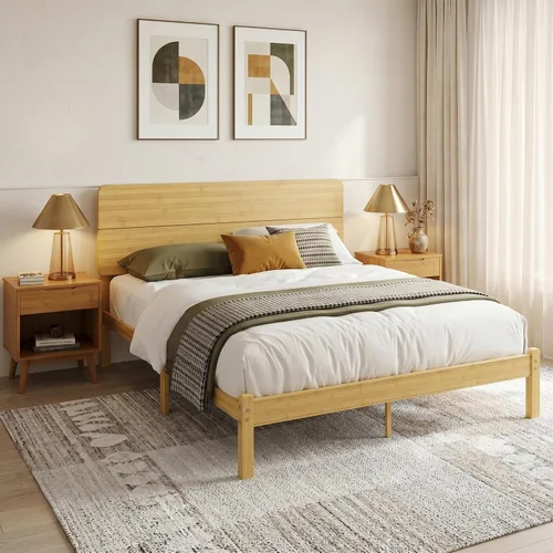 Vista 10 de Marco de cama individual de madera de bambú maciza de 14 pulgadas de alto con cabecero, soporte de listones de metal resistente, fácil montaje,