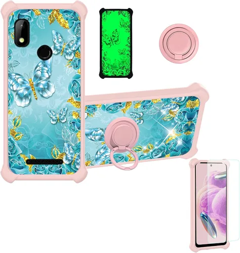 Vista 55 de jioeuinly Funda compatible con Oukitel P1 Pro con protector de pantalla de vidrio templado, policarbonato duro + silicona suave, soporte de anillo