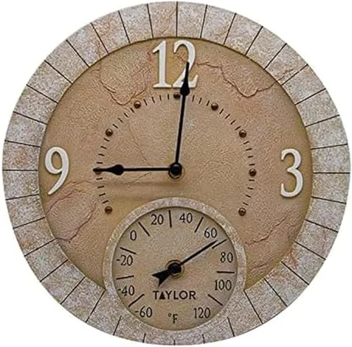 Vista 12 de Taylor Reloj y termómetro de poliresina de hibisco rosa para interiores y exteriores, decoración del hogar para jardín, patio, piscina y áreas