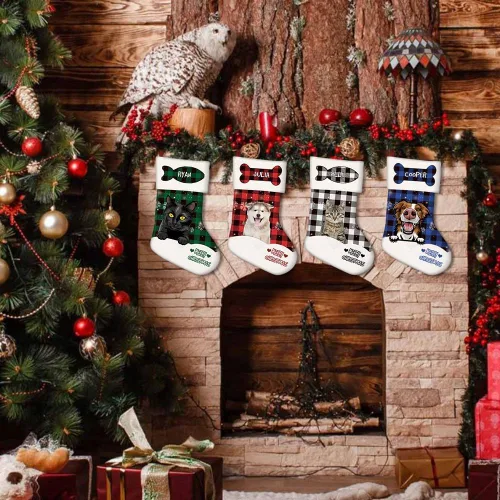 Vista 4 de Foto personalizada, Feliz Navidad, búfalo rojo, a cuadros, feliz perro, calcetín de Navidad, copo de nieve, decoración de vacaciones, calcetín