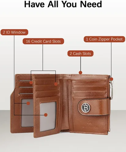 Vista 2 de BOSTANTEN - Billetera de cuero para mujer, pequeña, con bloqueo RFID, de dos pliegues, bolsillo con cremallera, tarjetero con ventana para 1-beige