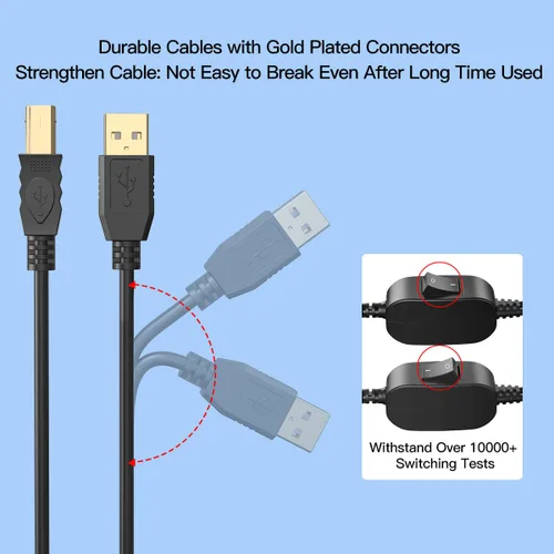 Vista 6 de Cable de impresora 2 en 1 a USB de 8.2 pies, 8.2 ft, A a B macho a macho, divisor para dos computadoras, compatible con Inkless, DTG, MacBook Pro