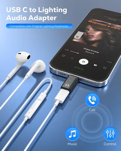 Vista 2 de MoKo Adaptador de audio Lightning a USB-C, no para micrófonos/carga/transferencia de datos, USB C macho a hembra, adaptador de auriculares Lightning
