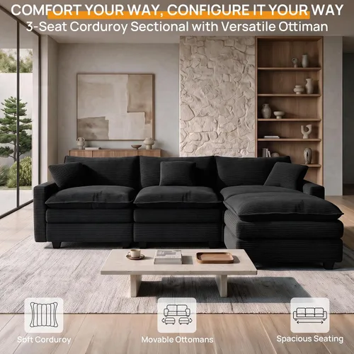 Vista 3 de Cloud Couch Sectional, L Shaped Modular Sofa with Movable Ottoman Negro
