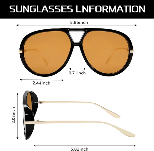 Vista 5 de Lentes de sol estilo aviador retro dorados para mujeres y hombres, 2025 de metal de gran tamaño de los años 70, gafas de sol negras