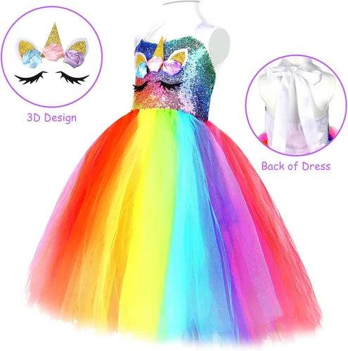 Vista 2 de Girls Unicorn Tutu Costumes Dress Light Up Unicorn LED Headband Princess Birthday Dress Up Clothes Girl Gift