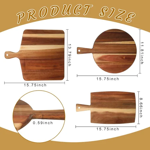 Vista 5 de Zhehao Juego de 3 tablas de cortar de madera de acacia con mango para charcutería queso, tabla de servir tabla de cortar pan de carne, tabla