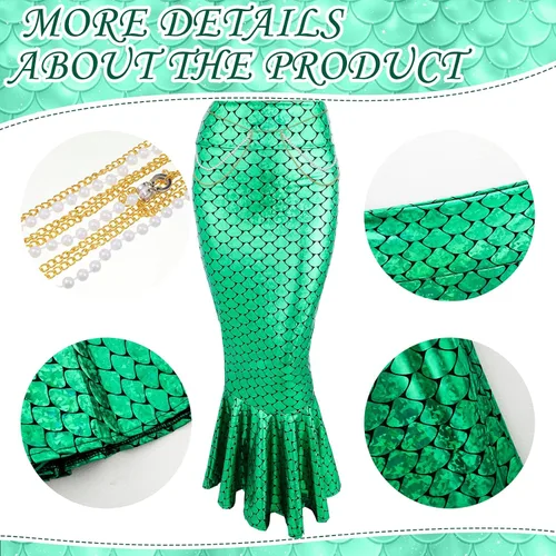Vista 3 de Jiuguva 5 piezas de disfraz de sirena para mujer, falda de cadena metálica, estrella de mar, clip para el cabello, gel con purpurina para Halloween